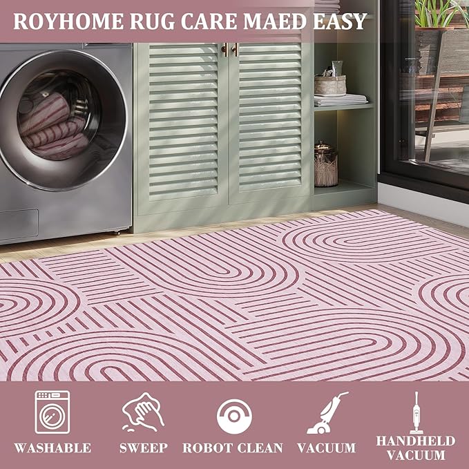 Washable Rug 5x7 Area Rugs for Living Room, Abstract Rug for Bedroom, Soft Rainbow Non Slip Throw Rugs with Rubber Back, Low Pile Stain Resistant Boho Geometric Carpet for Dining Room, Pink
