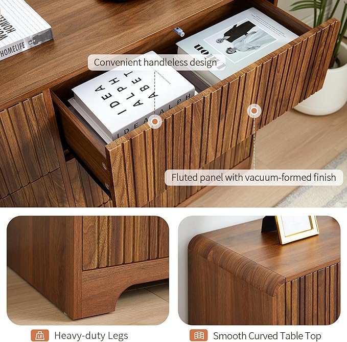BERRYMERRY Fluted 6 Drawers Dresser for Bedroom, 53" Wide Chest of Drawer with Rounded Edge,Mid Century Modern Large Double Wood Dresser for Living Room Bedroom