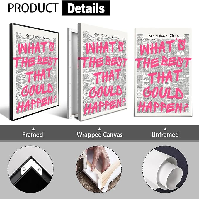 Whats The Best That Could Happen Wall Art Retro Newspaper Pink Font Canvas Poster Positive Affirming Quote Minimalist Prints Painting For Home Bedroom Dorm Wall Decor Aesthetics 16x24in Framed