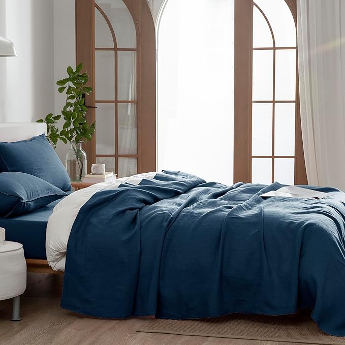 EVERLY Linen Sheets Set Twin Size,100% French Stonewash Pure Linen Sheets Set,3Pieces (1Flat Sheet,1Fitted Sheet,1Pillowcase) Suitable for Hot Sleepers,Deep Pocket Bedding Set-Navy Blue
