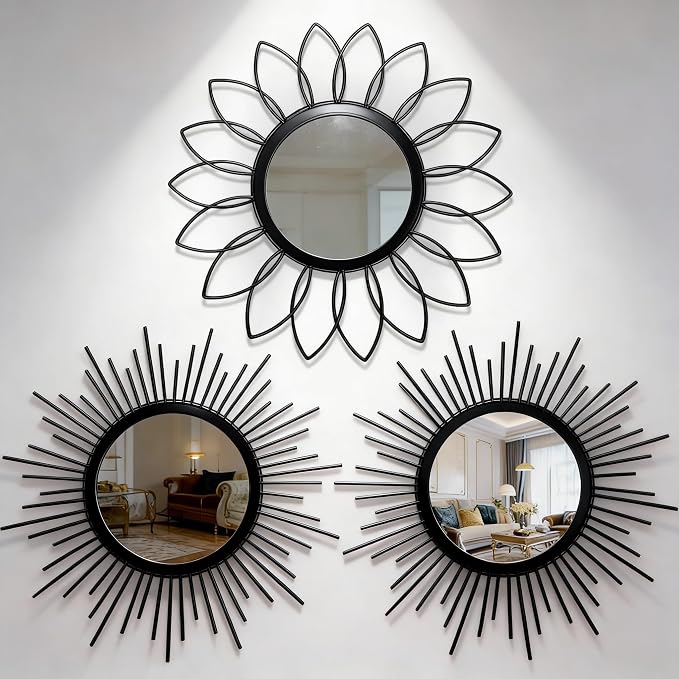 Set of 3 Black Metal Sunburst Wall Mirrors - 12" Round Decorative Art for Living Room Bedroom Bathroom Entryway, No Assembly Required, Rust Resistant Design