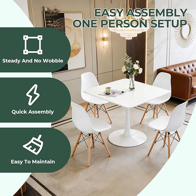 42 Inch White Square Dining Table, Mid Century Tulip Table for 4-6 People Modern Kitchen Dining Table with MDF Tabletop and Metal Pedestal Base