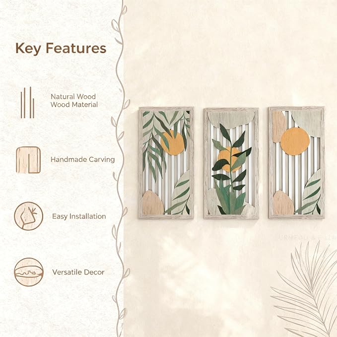 Boho Wall Art for Living Room - 3Pcs Botanical Wood Wall Decor, Minimalist Sun & Plant Design, Rustic Bohemian Hanging Art for Women, Homeowners, Renters, Bedroom, Bathroom, Office, Housewarming Gift