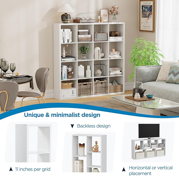 16-Cube Storage Organizer Bookcase, Thick Frame Wood Grain Storage Shelf, Rectangular Cube Open Back Display Unit, 48.8x9.4x48.8 Inches for Living Room, Bedroom, Home Office, White