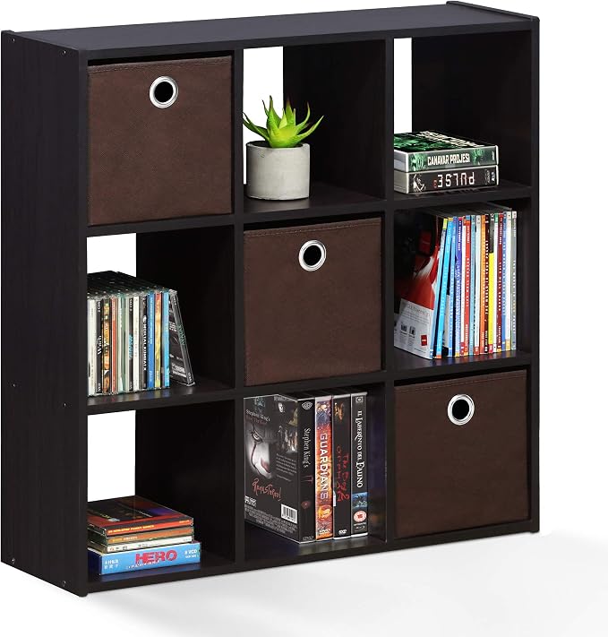 Furinno Simplistic 9-Cube Organizer with Bins, Small Size (Assembled Unit Dimensions : 7.9"D x 26.5"W x 26.7"H Inches), Dark Walnut