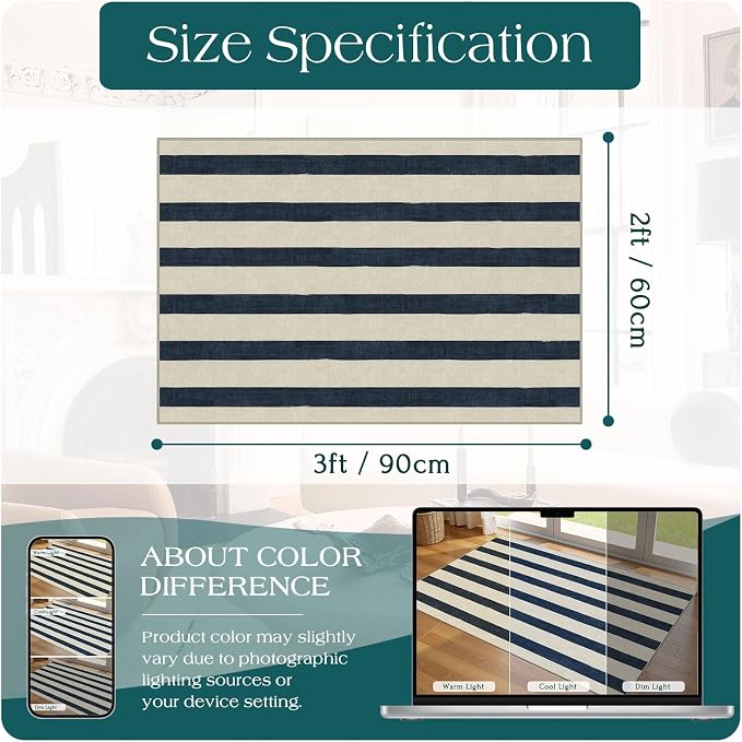 Blue and White Striped Outdoor Rug - 2x3 Non-Slip Front Door Mat Outside Entrance Washable Doormat Indoor Outdoor Entry Rug Small Layered Rugs for Entryway Kitchen Front Porch Decor