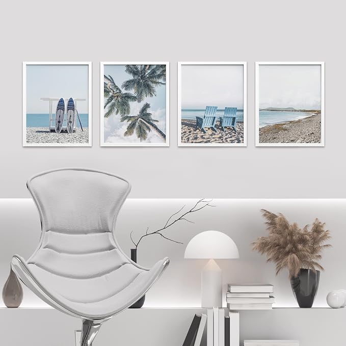 SIGNWIN Framed White Surfboard Tropical Palm Tree Beach Shore Wall Art, Set of 4 Landscape Colorful Wall Decor Prints, Nature Wilderness Wall Décor for Living Room, Bedroom - 8"x10" White