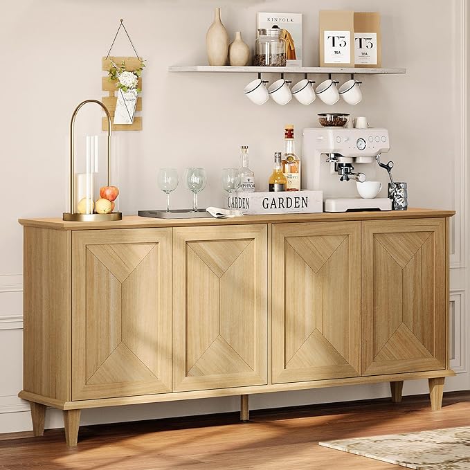 WAMPAT 65-inch Handcrafted Patchwork Decorative Buffet Cabinet with Pop-Up Design Doors,Full Unit Modern Modern Farmhouse Accent Credenza for Coffee Bar, Kitchen, and Living Room, Natural Oak