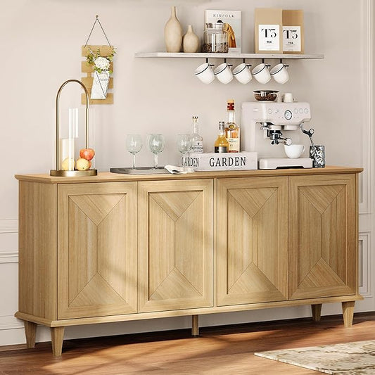 WAMPAT 65-inch Handcrafted Patchwork Decorative Buffet Cabinet with Pop-Up Design Doors,Full Unit Modern Modern Farmhouse Accent Credenza for Coffee Bar, Kitchen, and Living Room, Natural Oak