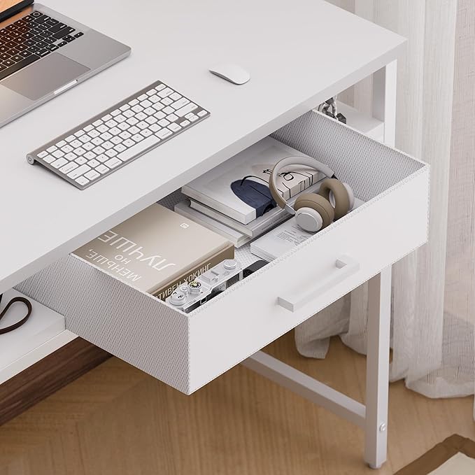Pamray 32 Inch Small Computer Desk with Drawer and Shelves Simple Study Work Table for Bedroom White