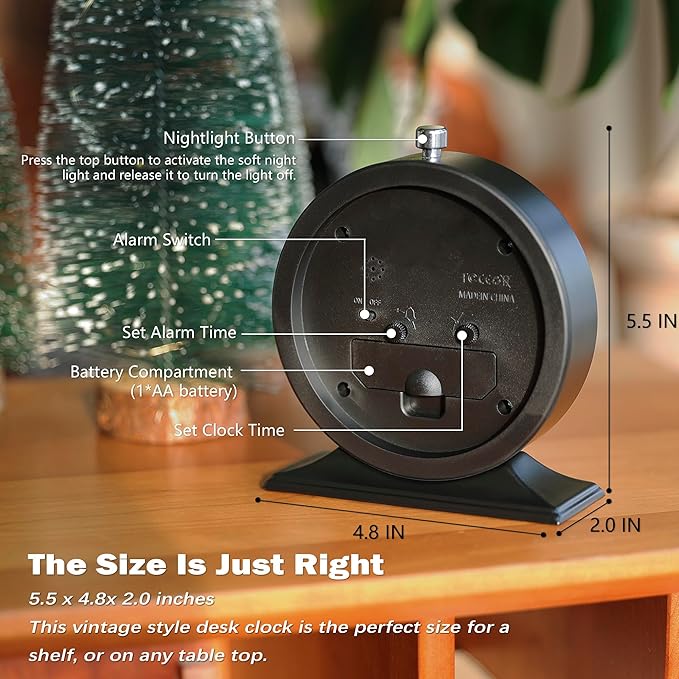 AYRELY® 4-inch Battery Operated Alarm Clock Silent Analog Desk Clocks with Light Vintage Metal Table Clock for Living Room Shelf Bedside Home Decor (Black)