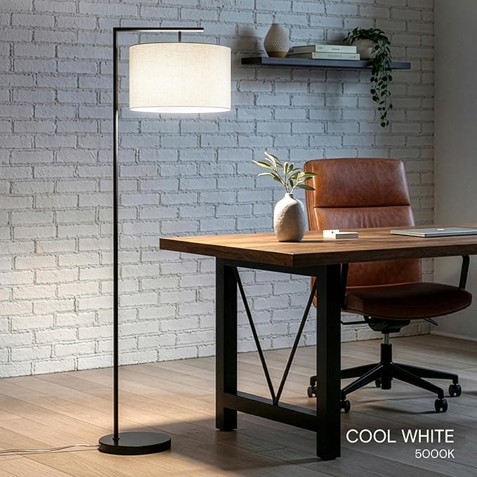 Brightech Montage Modern Floor Lamp - LED Standing Lamp with Tan Shade for Living Rooms & Offices - Bedroom Reading Light - Tall Corner Pole Lamp for Contemporary Home Decor - Black