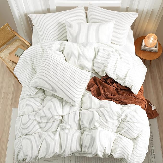NEXHOME PRO Striped Duvet Cover King Size,100% Washed Cotton Bedding Set,Textured Linen Feel,Breathable,Organic,3 Piece(Green Stripes 104x90)
