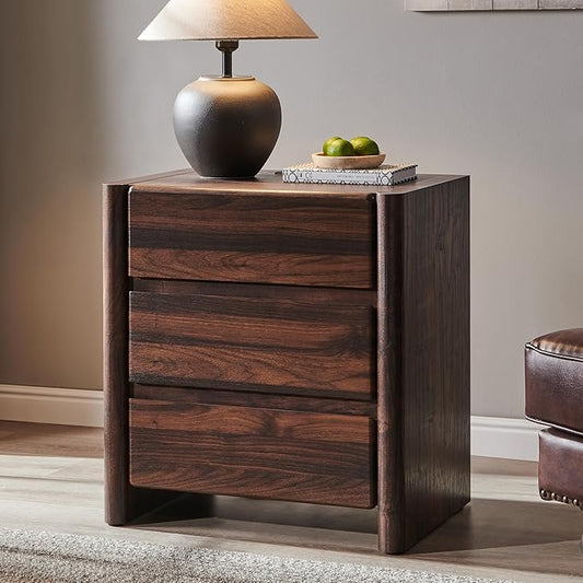 25" Tall Modern Nightstand with Charging Station, 23.6" W Nightstand with 3 Storage Drawers & Open Shelf, Wood Night Stand w/Rounded Corner Design for Bedroom, Living Room (Brown)