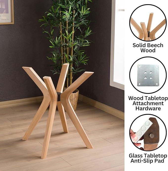 Mid Century Solid Beech Wood Modern Dining Table Base Only, Pedestal Table Bases, Wooden Legs for Kitchen Tables, Glass Top Wood Top Assembly Tools (Glass Tabletop Anti-Slip Pads, Unfinished)