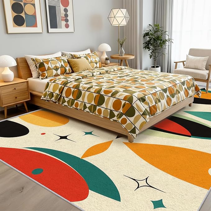 Mid Century Rug 7x9 Retro Abstract Geometric 70s 80s Pattern Area Rugs for Living Room, Bedroom, Mid Century Home Decor Accessories Indoor Carpet, Non Slip & Machine Washable, GD0691