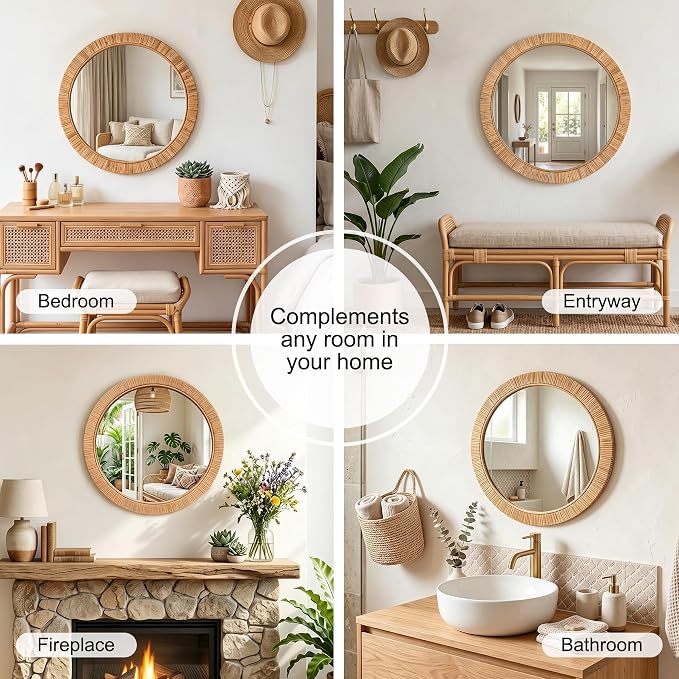 26"x26" inch Large Round Rattan Mirror for Wall, Boho Decorative Wicker Mirror Waterproof Synthetic Rattan Frame, for Bathroom, Bedroom, Living Room, Entryway
