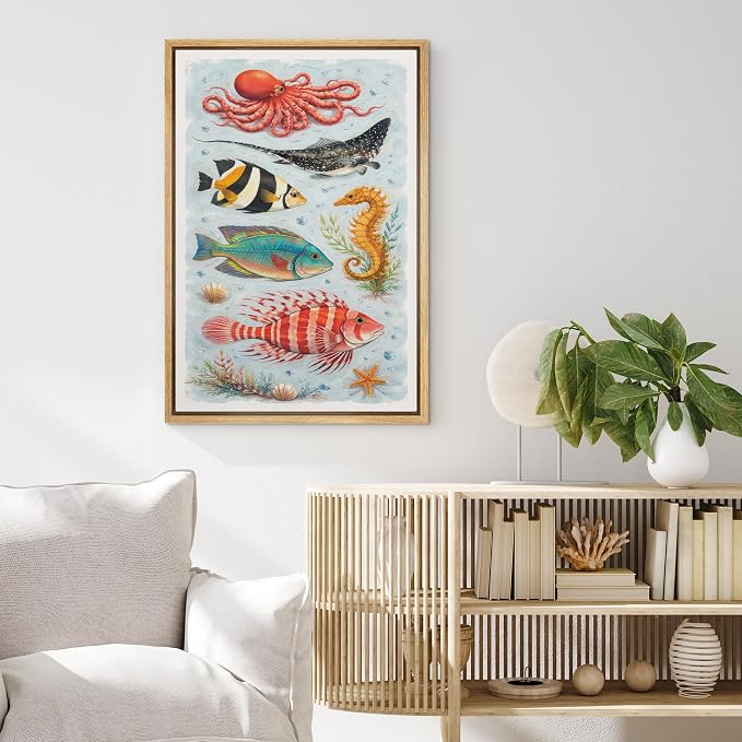 MUDECOR Framed Canvas Print Wall Art Colorful Ocean Life Marine Species Illustrations Minimalism Decorative Bohemian Zen for Living Room, Bedroom, Office - 24"x36" NATURAL
