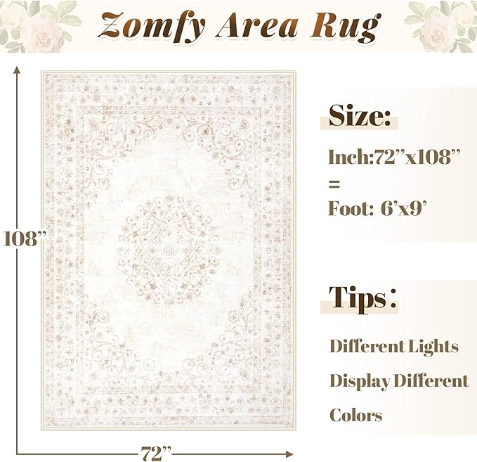 Area Rug 6x9 Vintage Rug: Washable Indoor Medallion Rugs Low Pile Distressed Floor Carpet Retro Accent Rug for Living Room Bedroom Kitchen Dining Table Home Office(Distressed Beige, 6'x9')