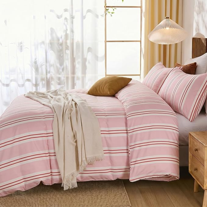 Merryword Striped Duvet Cover Set Queen Size - 100% Cotton Duvet Cover Set, Pink Ribbon Stripes Pattern Comforter Cover 3 Pieces, Soft Linen Like Bedding Set for All Seasons