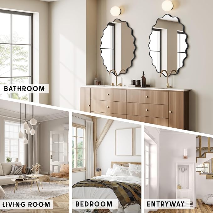 Oval Wavy Wall Mirror -Irregular Wall Mirror with Black Asymmetrical Aluminum Alloy Frame,24"x36" Decorative Wall Mirrors for Bathroom, Bedroom, Living Room, Dining Room，Entryway