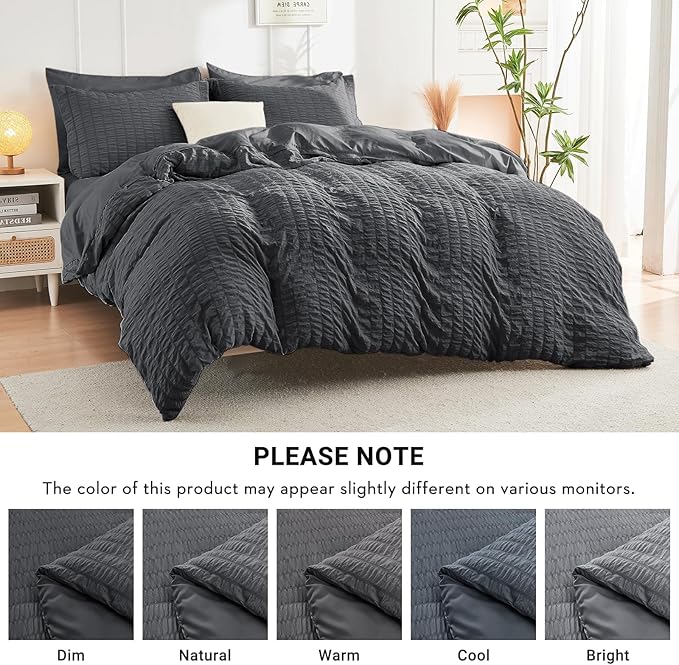 HYMOKEGE 7 Piece King Size Comforter Set Seersucker, All Season Luxury Bed in a Bag for Bedroom, Bedding Set with Comforters, Sheets, Pillowcases & Shams, Dark Grey