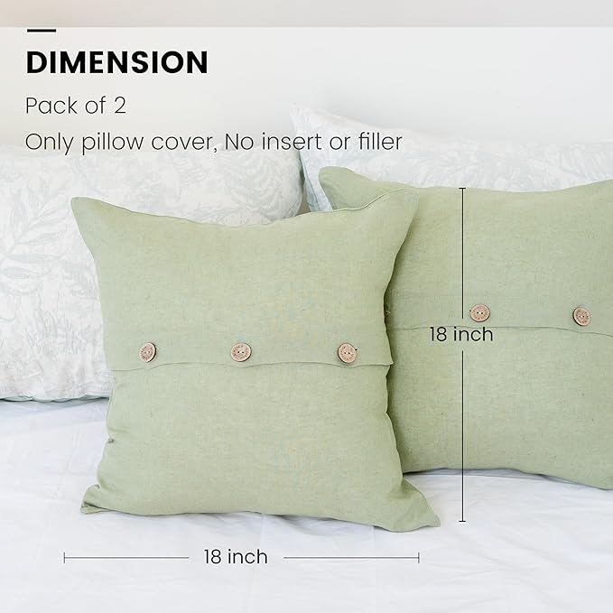 Simple&Opulence Linen Throw Pillow Covers Pack of 2, Triple Coconut Button Vintage Farmhouse Natural Flax Decorative Square Cushion Cover for Sofa Couch Chair - Sage Green, 18'' x 18''