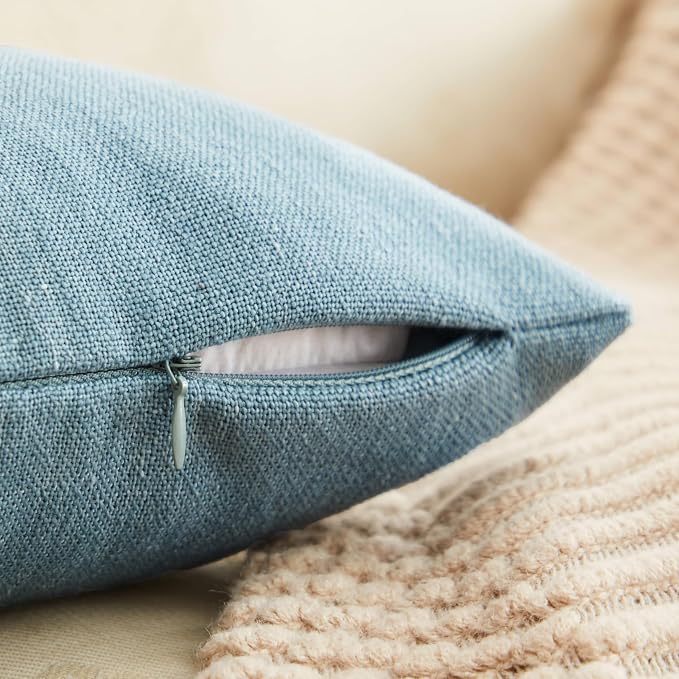 ZeeMart Rustic Cotton Linen Throw Pillow Covers Set of 2, 22x22 Inch River Blue, Farmhouse Style Decorative Couch Pillow Cases Cushion Covers for Sofa Bed Living Room Home Decor