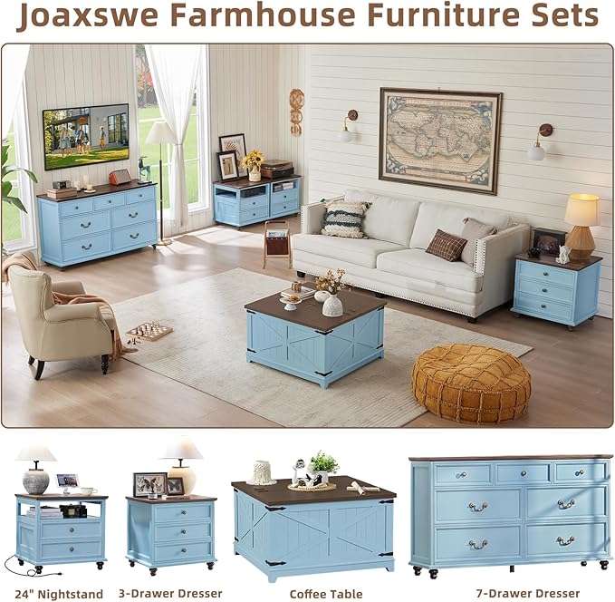 Farmhouse 7 Drawers Dresser Sets of 2 for Bedroom, Light Blue 54 Inch Wide Chest of Drawers w/ 4 Wooden Legs, Large Vintage Rustic Closet Dressers for Living Room, Wood TV Stand