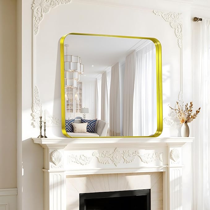 CIRCUMI Gold Bathroom Mirror, 30"x30" Rectangular Mirror with Deep Metal Frame, Rounded Corner, Tempered Glass, Square Mirror for Wall, Oversink, Bedroom, Living Room, Vanity, Entryway, Crystal-Clear