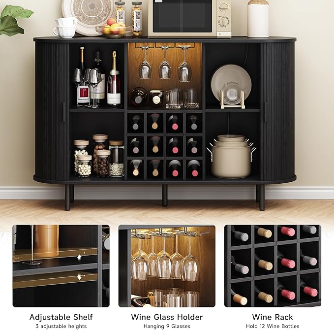 ONBRILL 55" Wine Bar Cabinet with LED Light,Modern Liquor Whiskey Coffee Station with Wine Rack and Glass Holder, Farmhouse Buffet Sideboard with Storage for Living Room, Kitchen, Entryway (Black)
