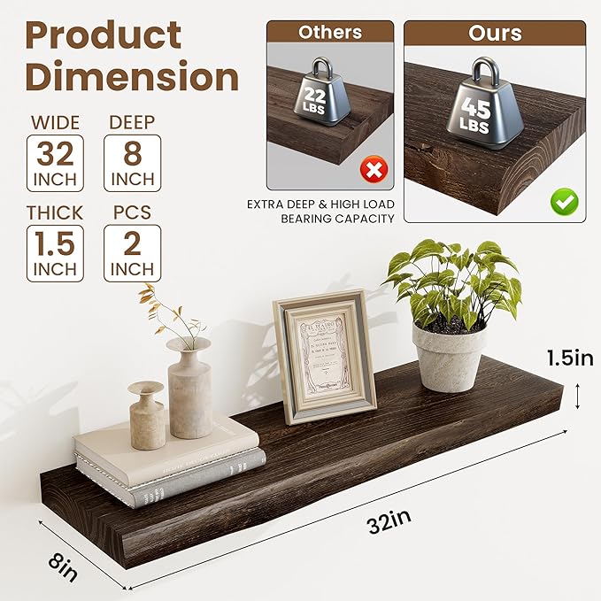 Extra Deep 32" Long Live Edge Rustic Floating Shelves for Wall, Solid Wood Wall Shelves with Invisible Bracket Mount for Living Room Bathroom Bedroom Kitchen, Set of 2, Natural