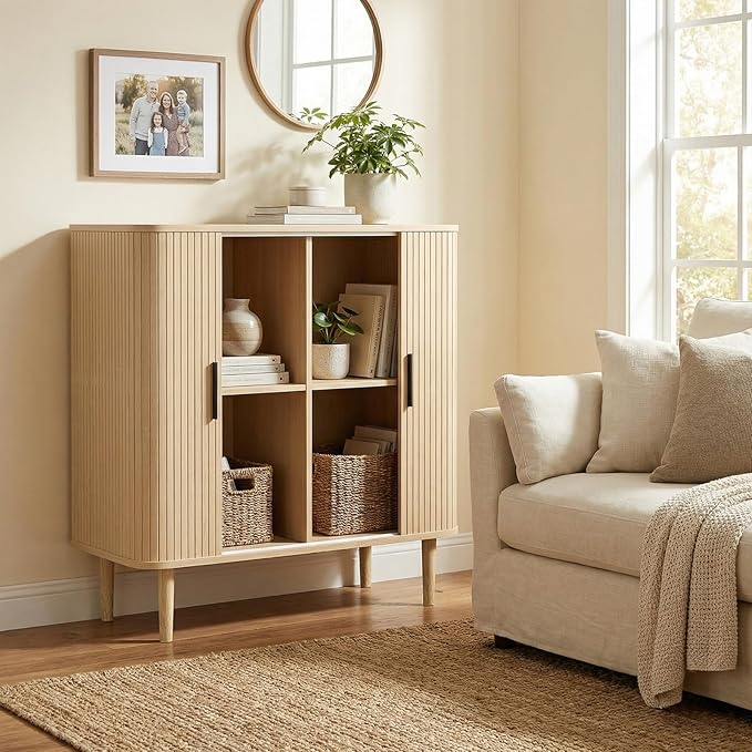 35" Fluted Accent Buffet Cabinet, Oak Small Storage Sideboard with Sliding Door, Mid Century Natural Credenza with Solid Wood Leg, Wine Coffee Bar Console Table for Kitchen, Entryway, Diningroom