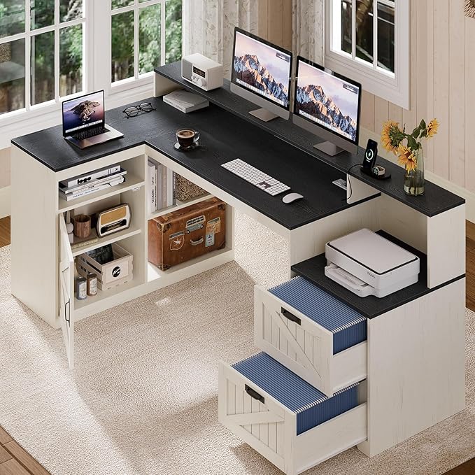 TVU Farmhouse L Shaped Desk with Drawers, 62.2" Home Office Desk with Storage Shelves and Power Outlet, L Shaped Computer Desk with Monitor Stand and Printer Shelf, Black and White