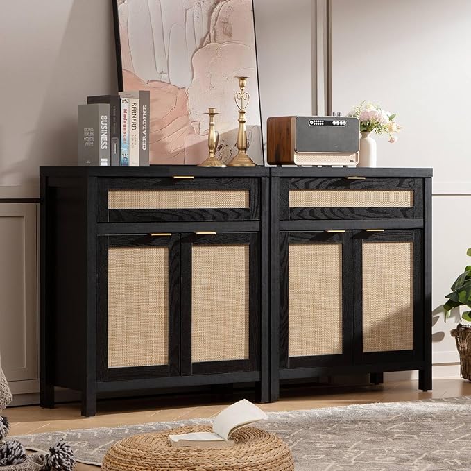 SICOTAS Sideboard Buffet Storage Cabinet Set of 2, Rattan Credenza Buffet Table, Modern Console Accent Cabinet with Doors and Drawer, Coffee Bar Cabinets for Kitchen Entryway Living Room, Black