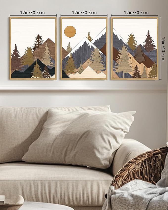 KUVIOKE Morden Boho Mountains Framed Canvas Wall Art Pine Tree Forest Nature Landscape Artwork Painting Bohemain Farmhouse Rustic Room Decor for Bedroom Living Room 12x16in (Natural Framed)
