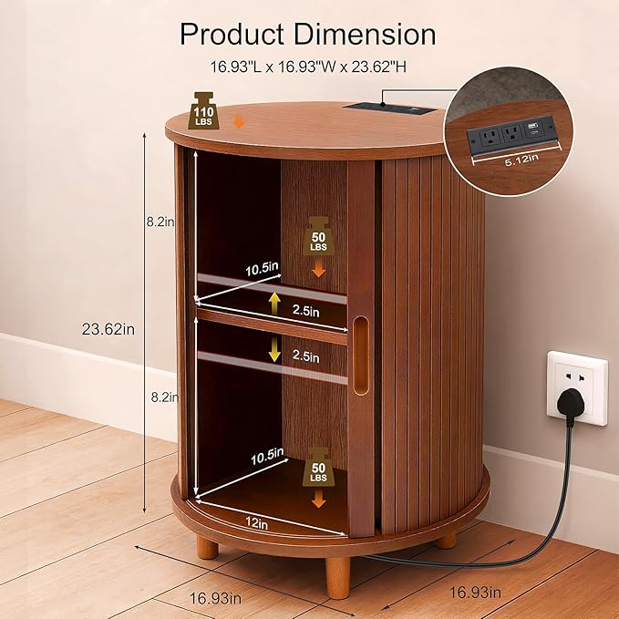DHH End Table Set of 2 with Storage & Charging Station, Fluted Accent Side Table with Sliding Door & Adjustable Shelf, Mid-Century Nightstand for Small Spaces, Living Room, Bedroom(2, Walnut)