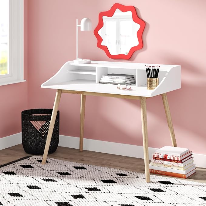 Alton Writing Computer Desk with Shelves, Retro Laptop Workstation for Home Office, Bedroom or Small Spaces