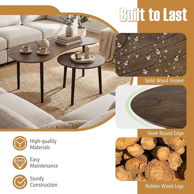 Giantex Nesting Tables Set of 2, Mid Century Modern Coffee Tables with Solid Wood Support Legs, Wood Side End Tables in Kidney & Round Shape for Living Room, Easy Assembly, Walnut