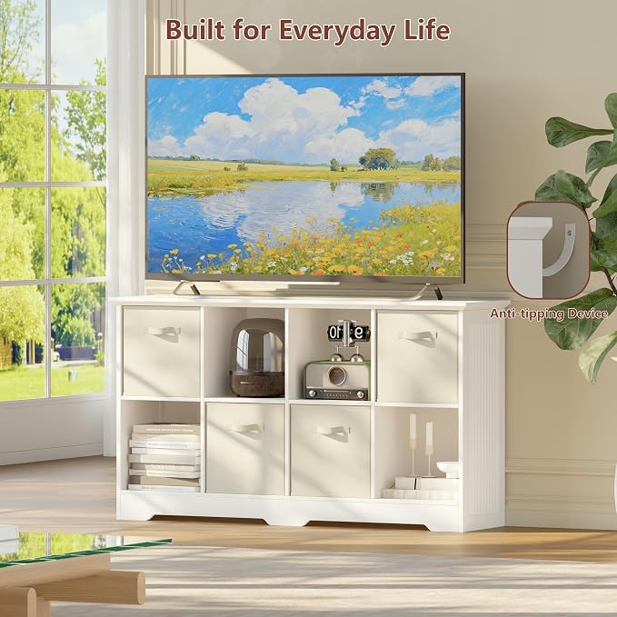 VORONOI 8 Cube Storage Organizer with 4 Fabric Drawers and Removable Shelves — Modular Cube Bookshelf for Bedroom, Living Room, or Home Office, Short Cube Bookcase for Toys, Decor,White