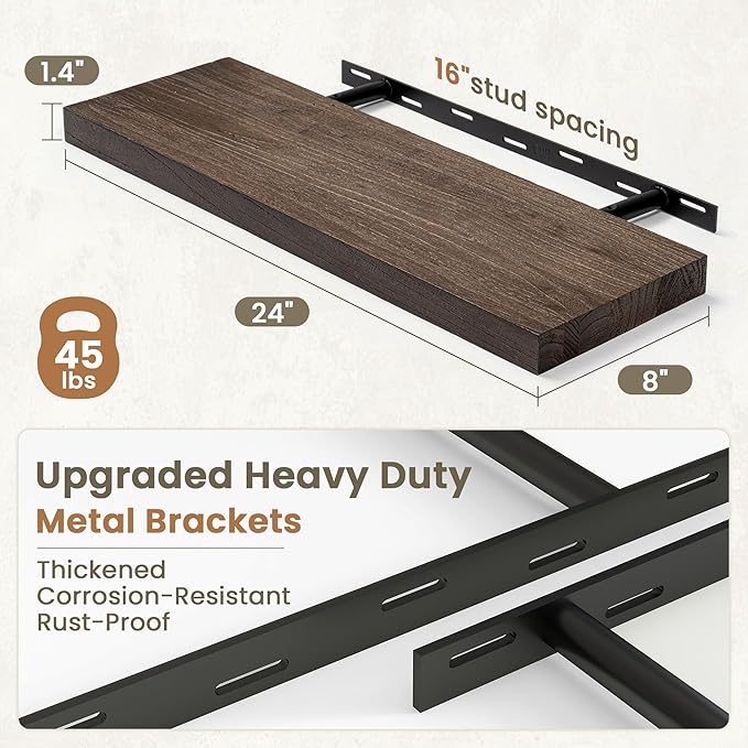 Fun Memories Solid Elm Wood Floating Shelves Set of 2-24 Inch Rustic Wall Shelves with Heavy-Duty Invisible Brackets - for Living Room, Kitchen, Bedroom, Bathroom - Walnut Finish