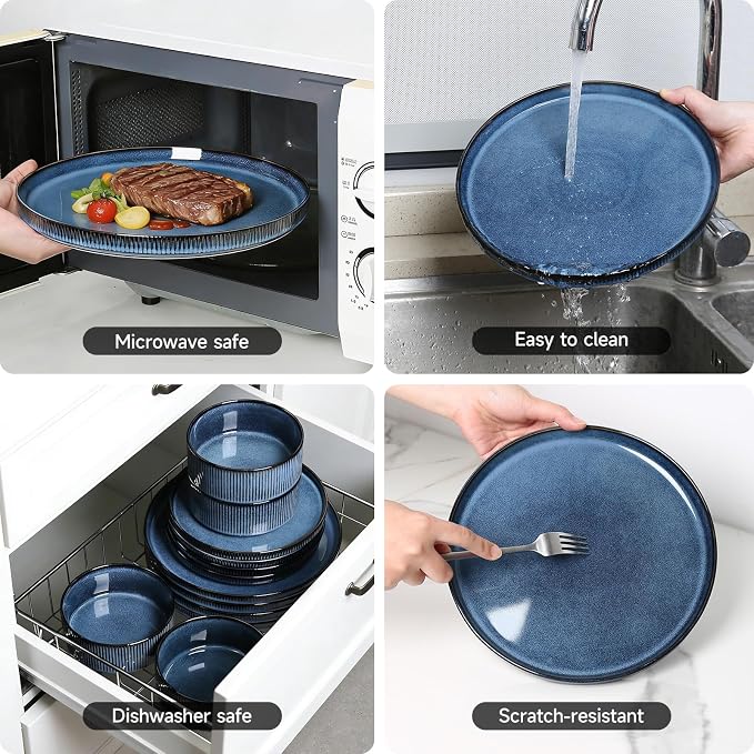MONITO Ceramic Dinnerware Sets for 4, 12PCS Stoneware Plates and Bowls Sets, Reactive Glaze Dish Set, Chip and Scratch Resistant Double, Microwave and Dishwasher Safe, Dark Blue