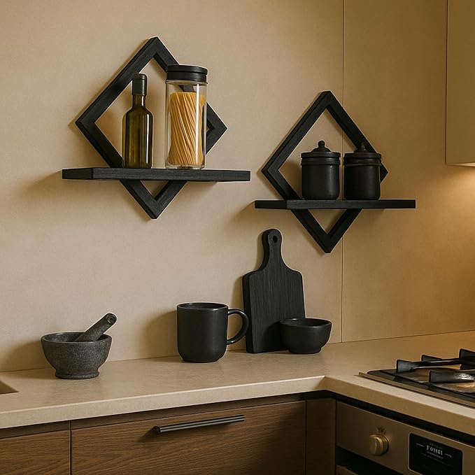 Floating Shelves for Wall,Decorative Wall Shelf,Hanging Shelf for Plants Storage Display Holder,Indoor Decor for Living Room Home Office Bathroom Bedroom,Solid Wood,Diamond Shaped,2 Pack(Black)