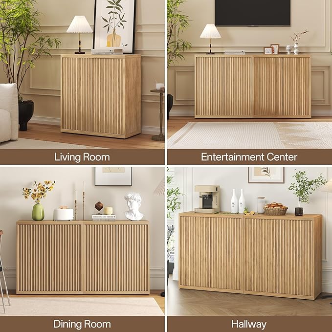 31” Sideboard Cabinet with Storage, Fluted Accent Cabinet with Adjustable Shelves, Modern Wood Credenza Cabinets with Pop-up Doors for Entryway Kitchen Living Room Hallway, Oak 2pcs
