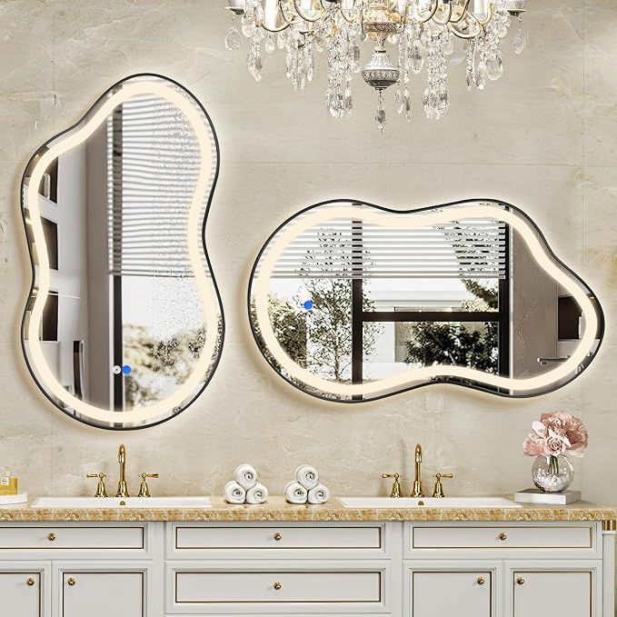 Irregular LED Bathroom Mirror with Lights, Cloud Smart Backlit Mirror, Dimmable Lighted Bathroom Mirror with Anti-Fog, Asymmetrical Vanity Mirror Hangable 2 Ways (Black, 24" x 36", 2 Pack)