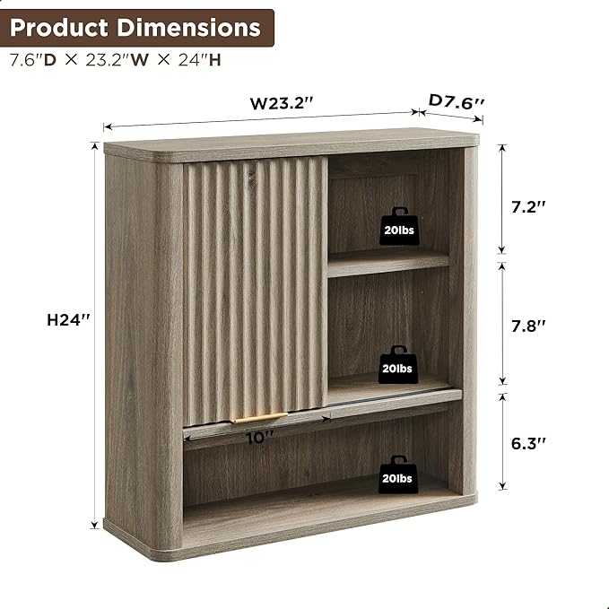RedLemon Bathroom Wall Cabinet with Fluted Sliding Door, Modern Medicine Cabinet with Adjustable Shelf, Curved Profile Wall Mounted Storage Organizer, Grey Alder