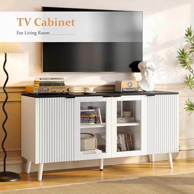 JASIWAY Buffet Cabinet with Storage 55" Fluted Sideboard with Glass Door Modern Coffee Bar Table Accent Credenza Cabinet for Dining Room, Kitchen, Living Room, Hallway, White and Black