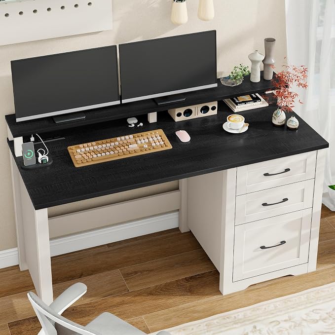 Vabches 47" Farmhouse Executive Desk with Monitor Stand & File Cabinet,3 Drawers Computer Desk with LED Lights and Power Outlets,Workstation for Home Office, Study,Writing,Black