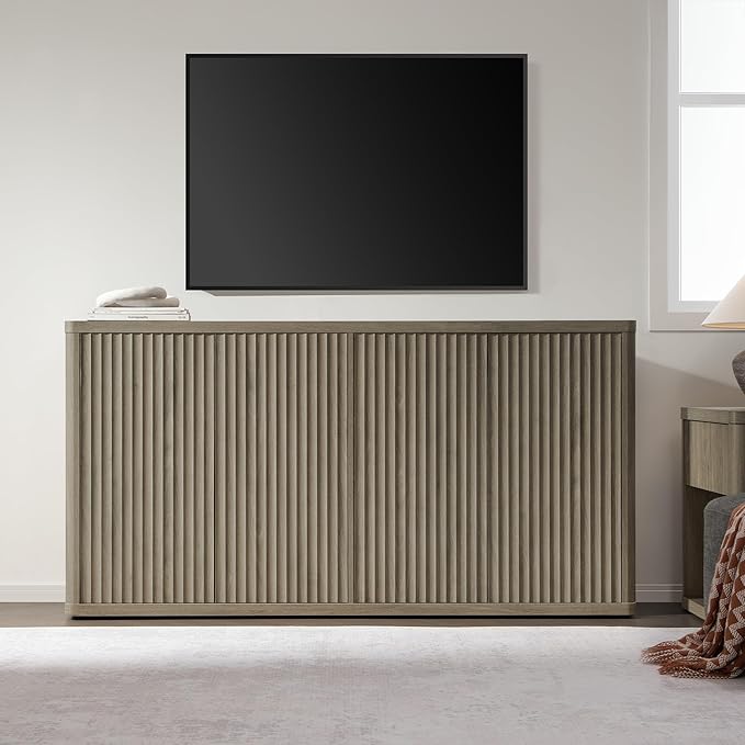 SICOTAS Buffet Cabinet with Storage Accent Sideboard with 8 Doors 132.6" Fluted Credenza Modern Buffet Table Media Console Cabinet Entryway Cabinets for Living Room Kitchen Dining Room Hallway