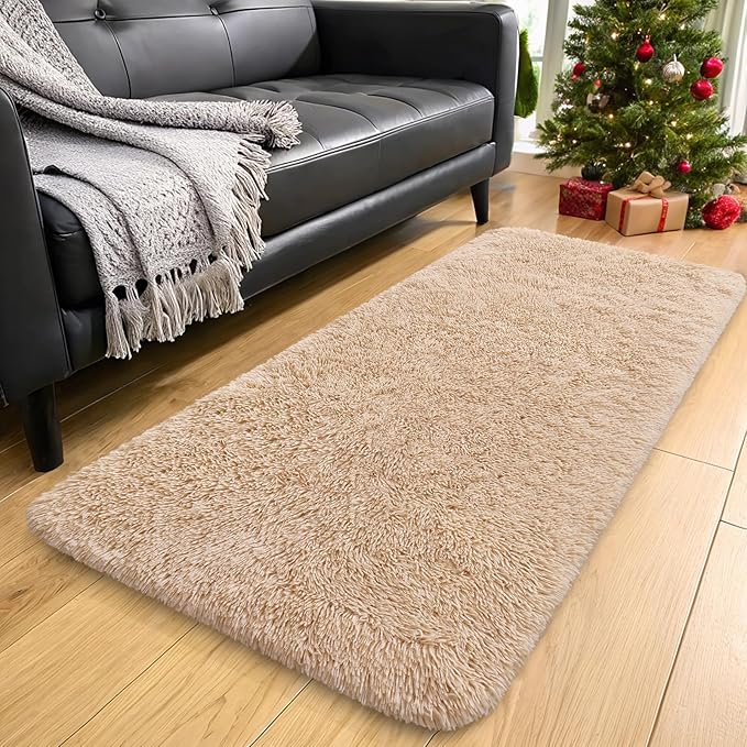 OLANLY 2x7 Machine Washable Runner Rugs for Hallway, Soft Fluffy Shaggy Bedside Rugs for Bedroom, Living Room, Indoor Floor Carpet for Kids Girls and Boys, Nursery Rooms, Home Decor Aesthetic, Beige